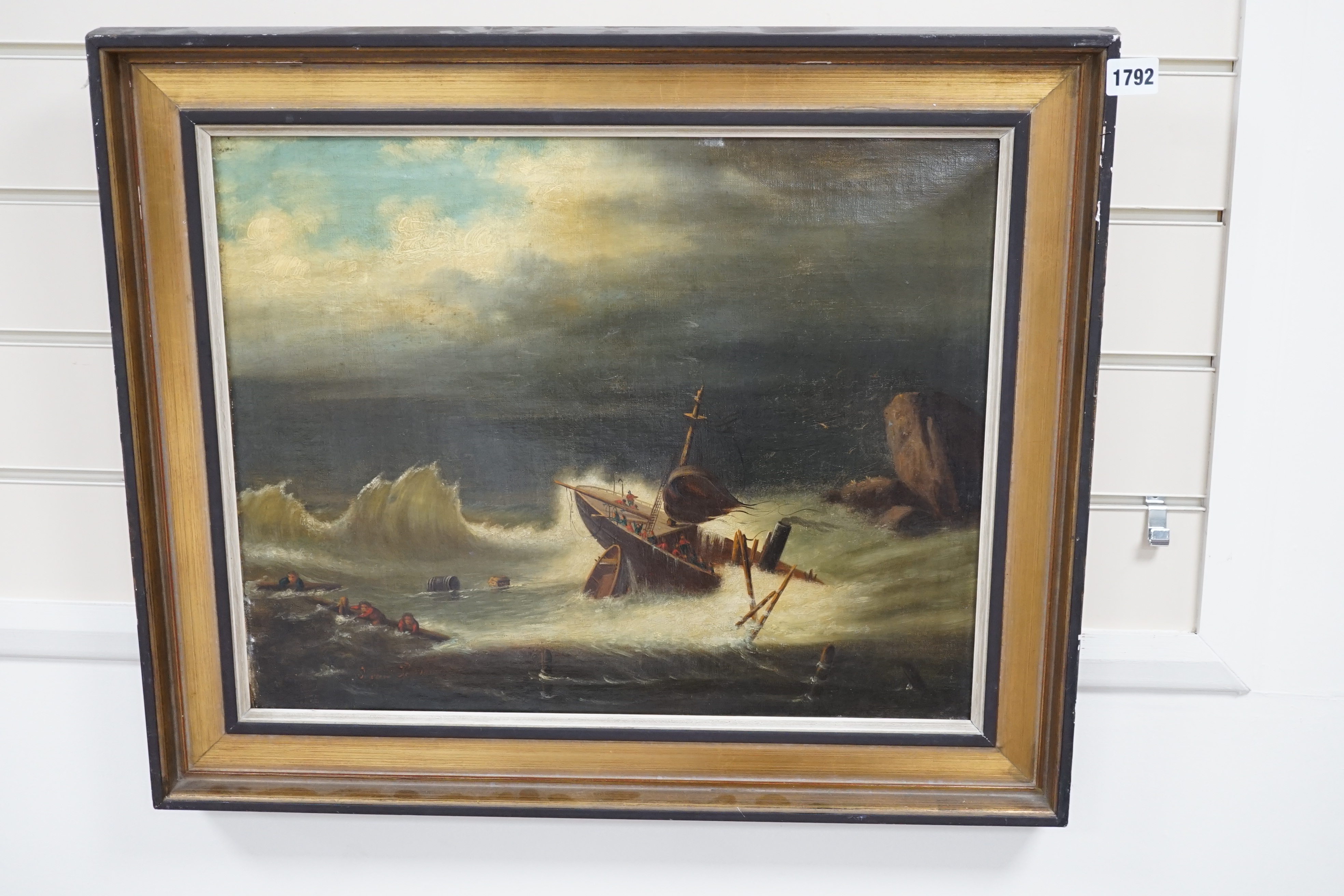 19th century, oil on canvas, Shipwreck scene, indistinctly signed lower left, 41 x 51cm. Condition - fair, canvas sagging